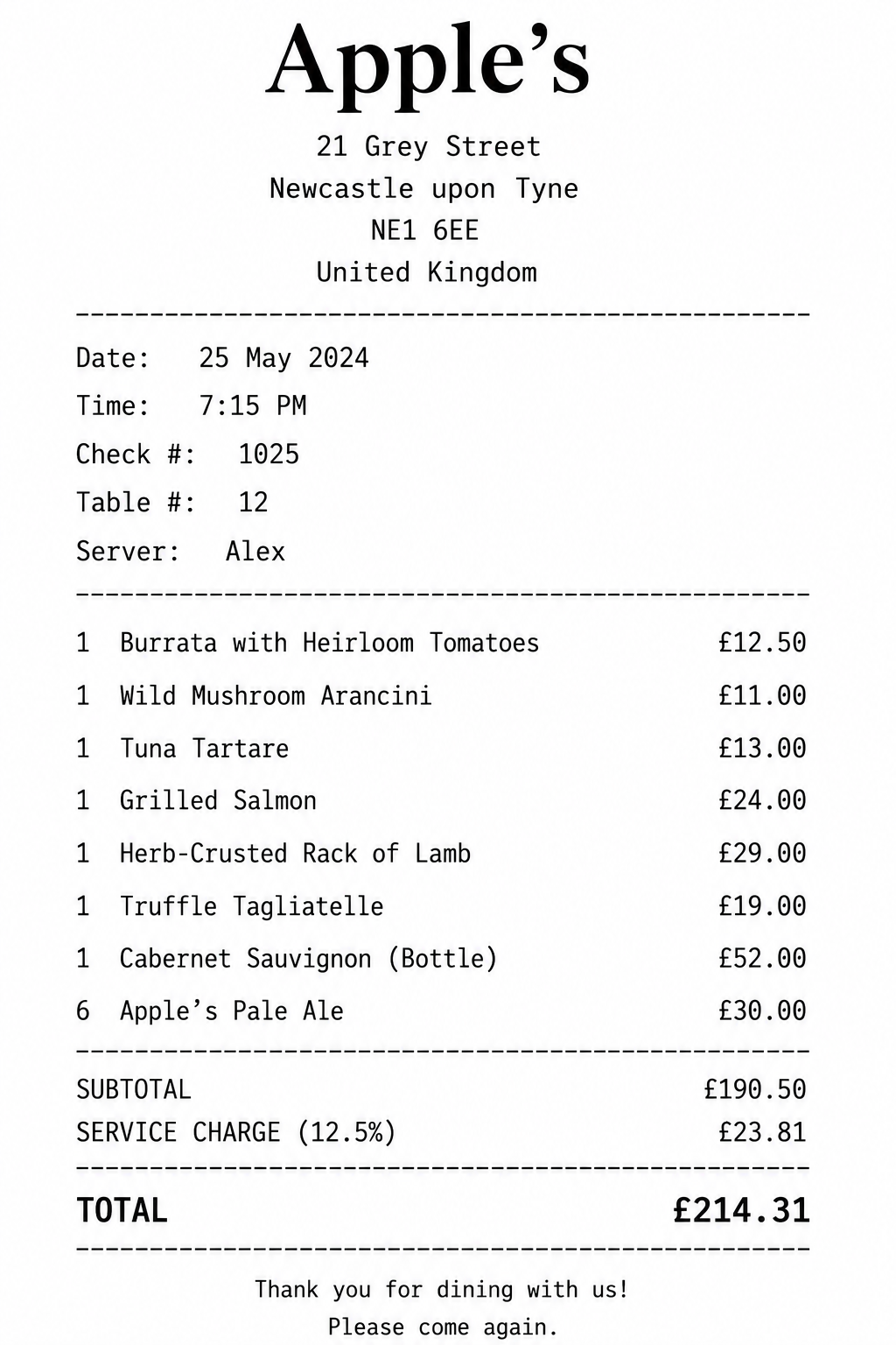 Sample receipt — Apple's restaurant, 21 Grey Street, Newcastle upon Tyne. Total £214.31.